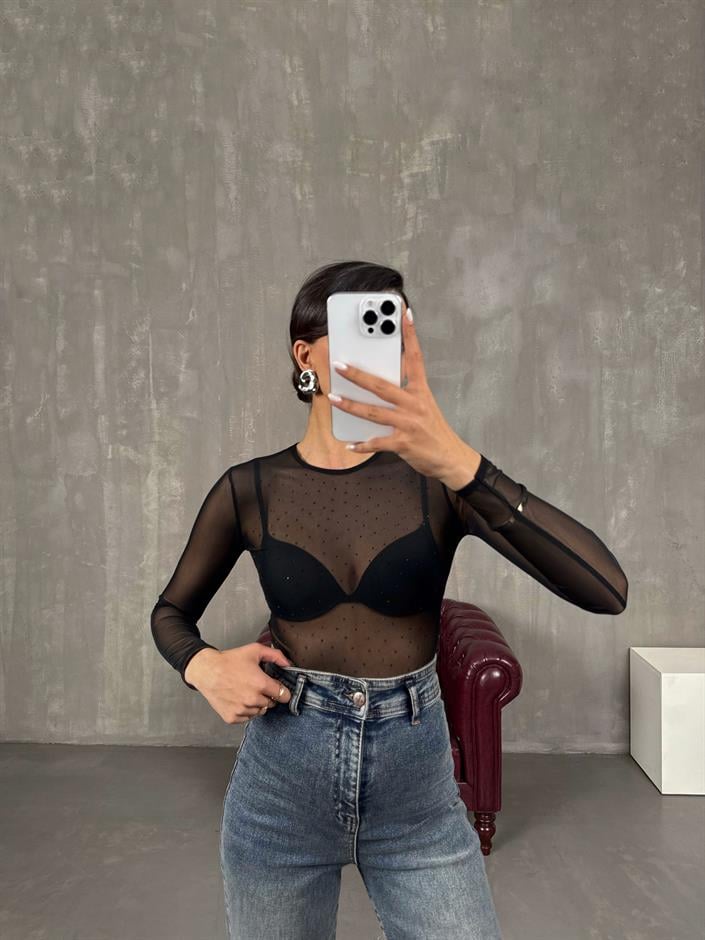 Siyah Taşlı Transparan Bodysuit Bluz Gaus00044