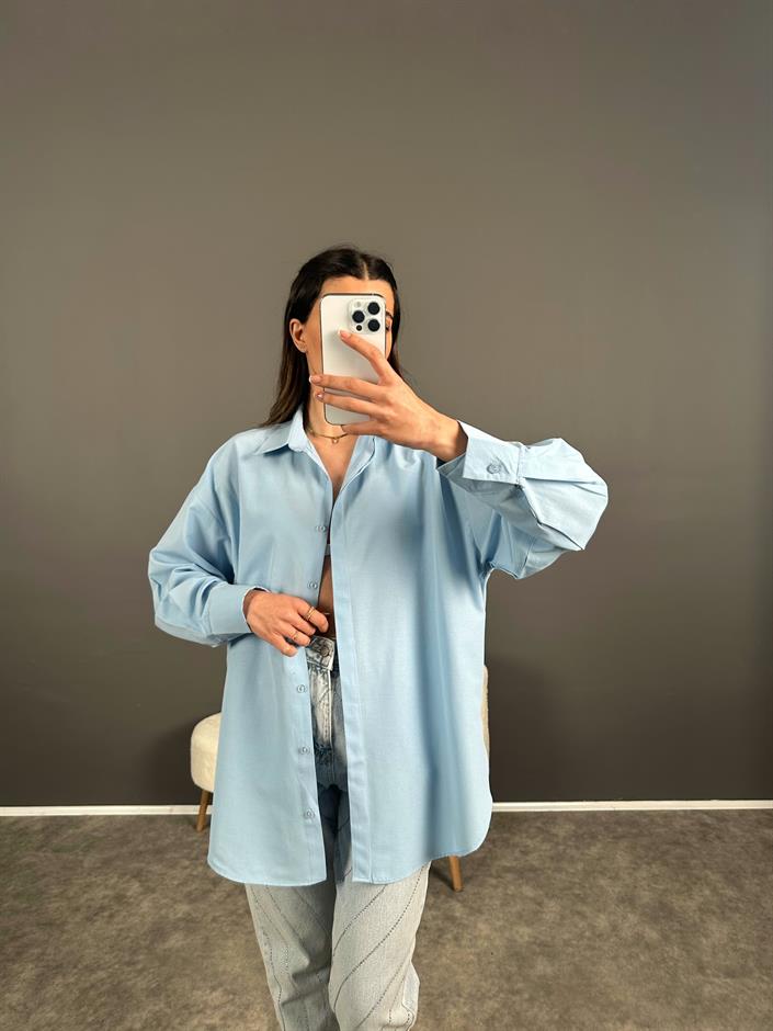 Min Mavi Oversize Gizli Düğmeli Gömlek