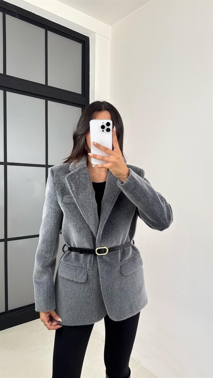 Antrasit Astarlı Kemerli Peluş Tüylü Ceket GAUS-00131