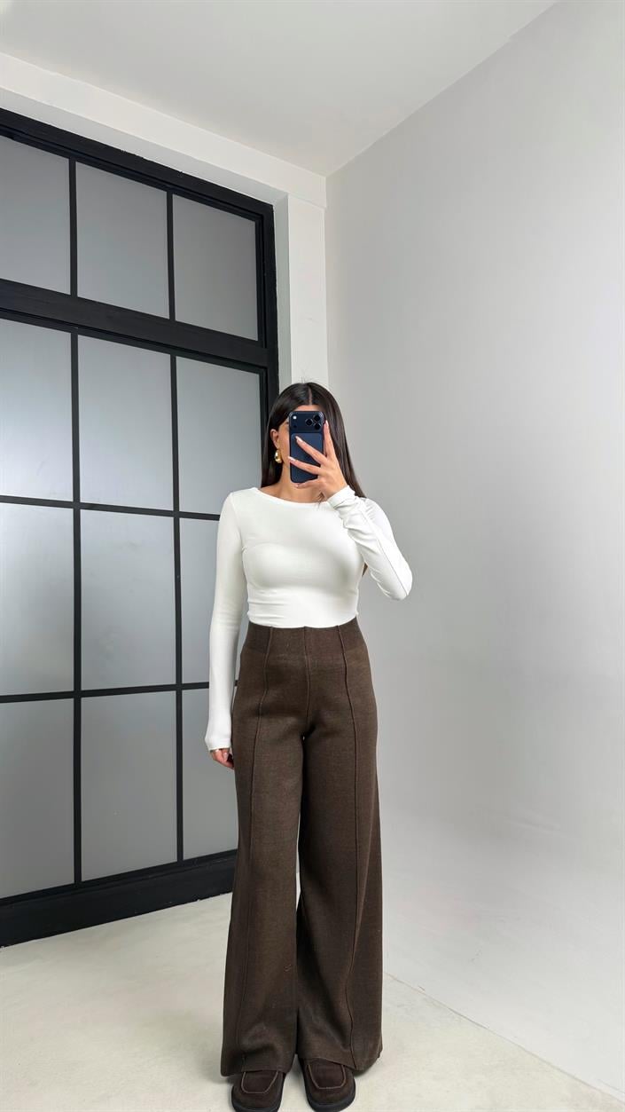 Acı Kahve Beli Lastikli Dikiş Detaylı Triko Pantolon GAUS-00856