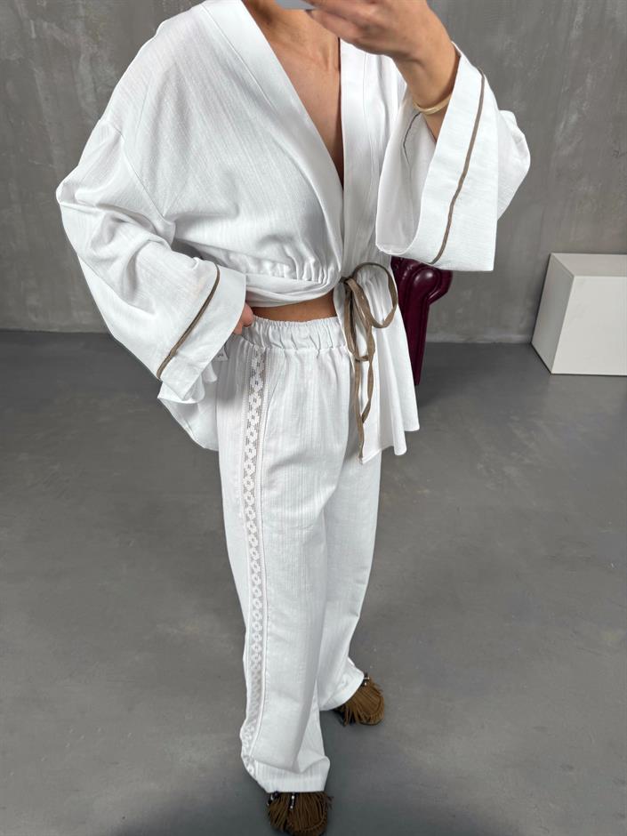 Beyaz Bağlamalı Keten Kimono Takım Gaus00034