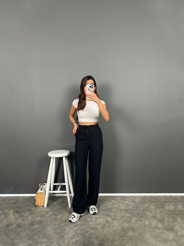 Flay Siyah İthal Kumaş ZR Model Bel Bağlamalı Rahat Pantolon