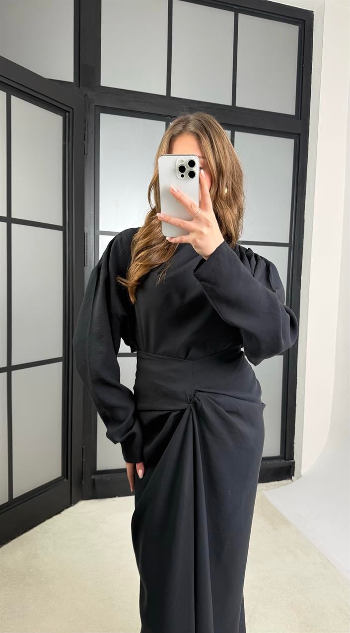 Siyah Drape Detaylı Etek Bluz Tencel Takım GAUS-01176