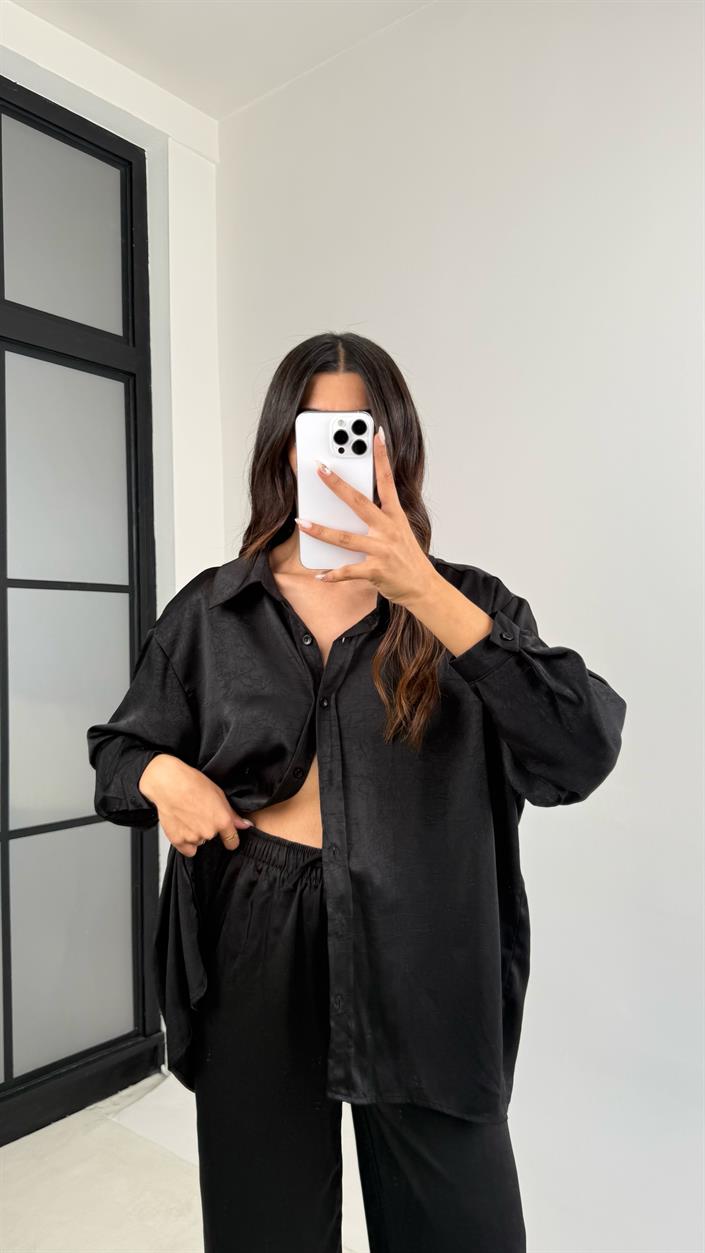 Siyah Gömlek Beli Lastikli Pantolon İkili Premium Saten Takım GAUS-0074
