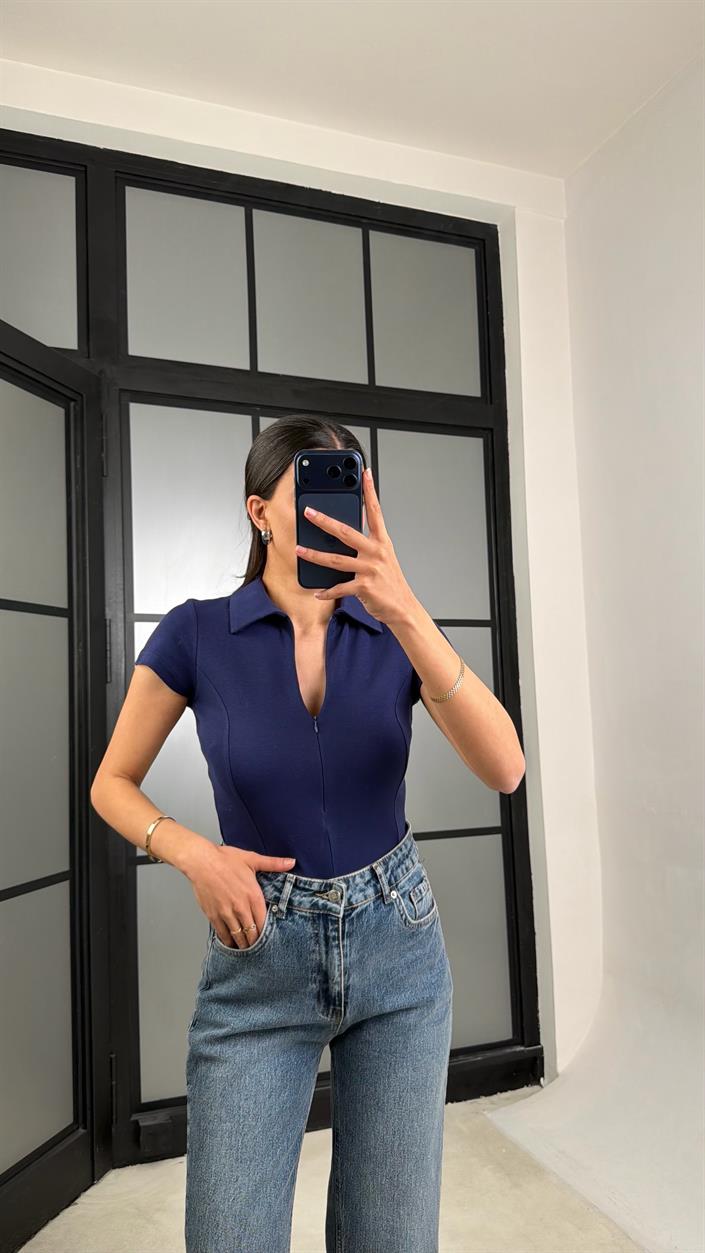 Lacivert Polo Yaka Fermuarlı Basic Bluz GAUS-01467