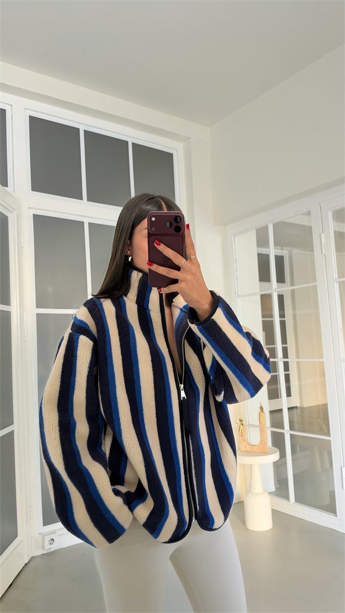 Saks Mavi Çok Renkli Şeritli Fermuarlı Polar Sweatshirt GAUS-01916 GAUS-01964