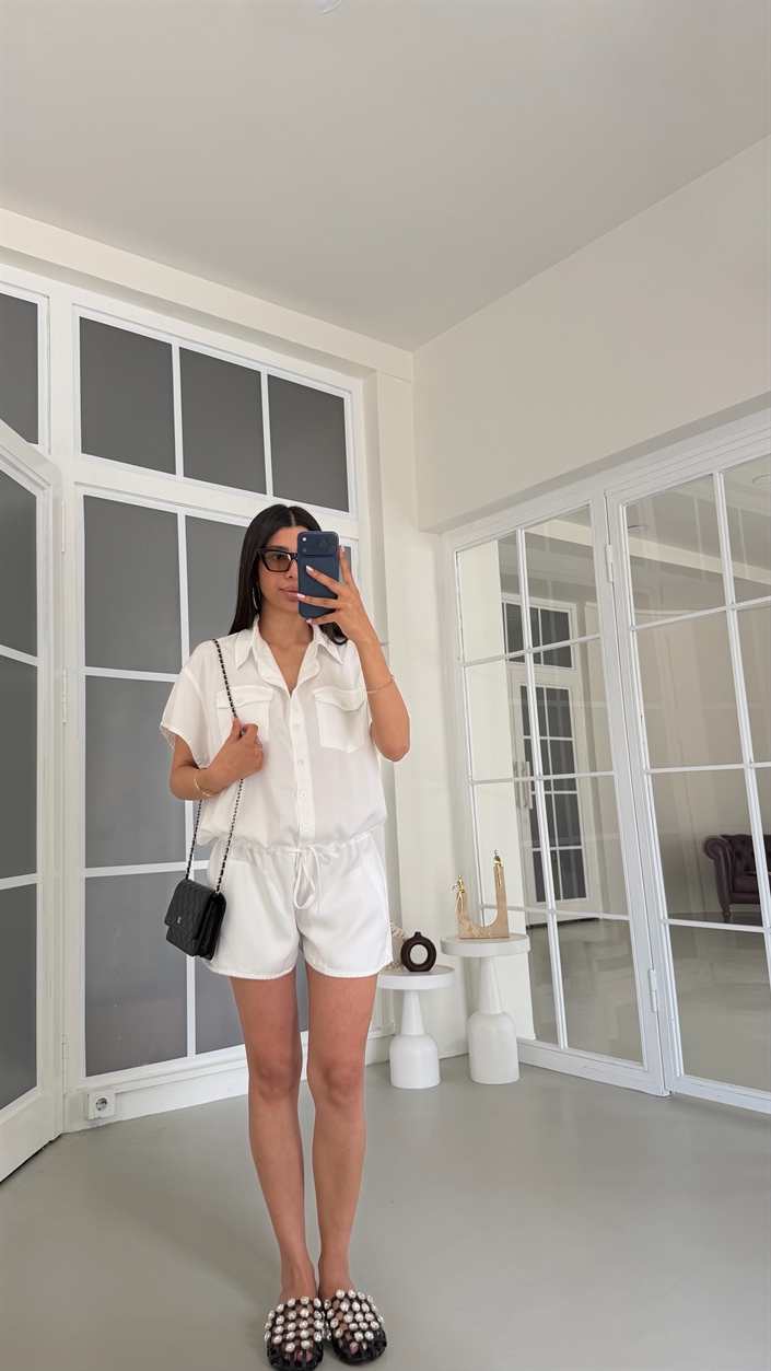 Beyaz Beli Lastikli Tencel Denim Tulum GAUS-01816