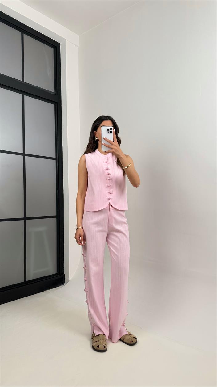 Pembe Düğmeli Tasarım Yelek Pantolon Keten Takım Gaus00339