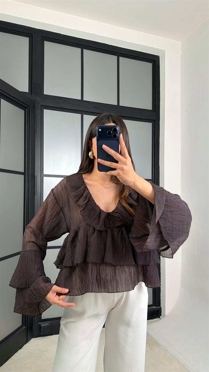 Acı Kahve Fırfır Detaylı Transparan Bluz GAUS-01233