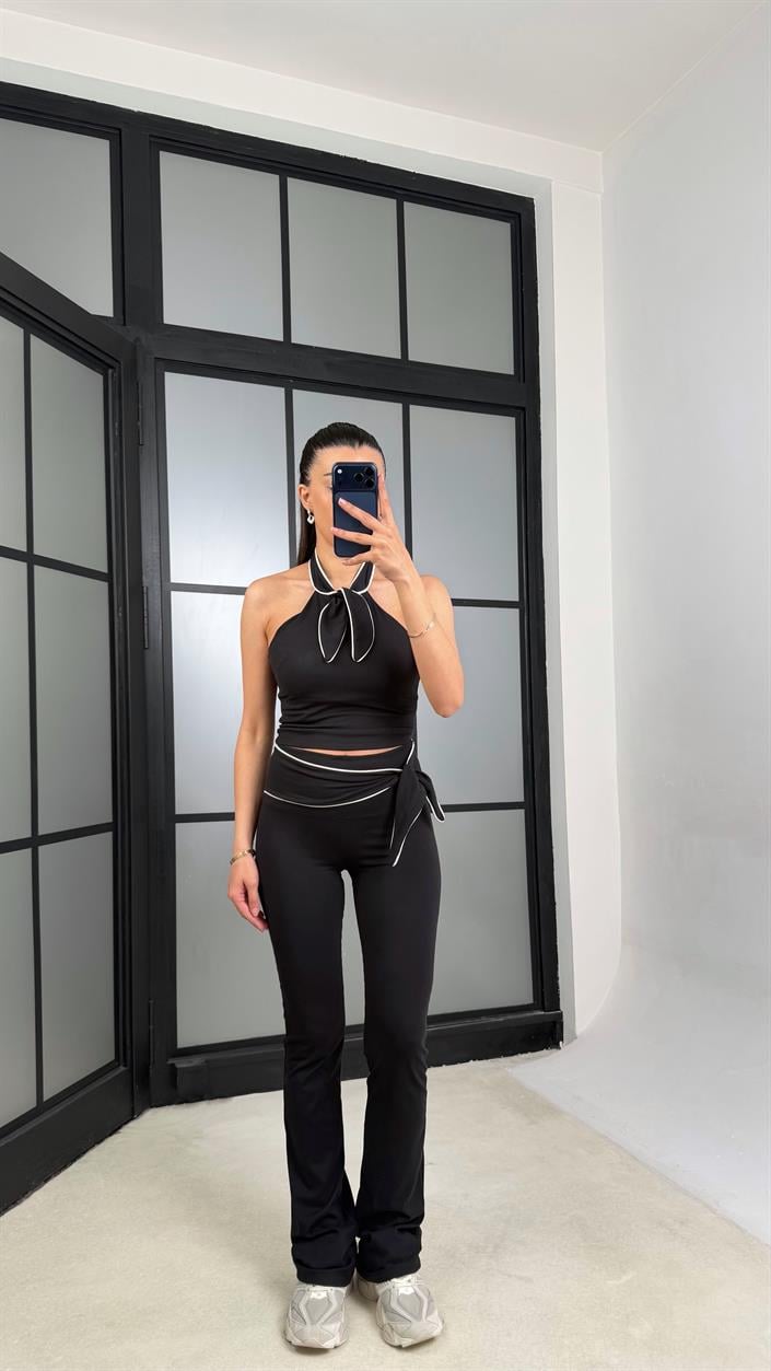 Siyah OYS Model Fiyonk Detaylı Crop Tayt Takım GAUS-01407