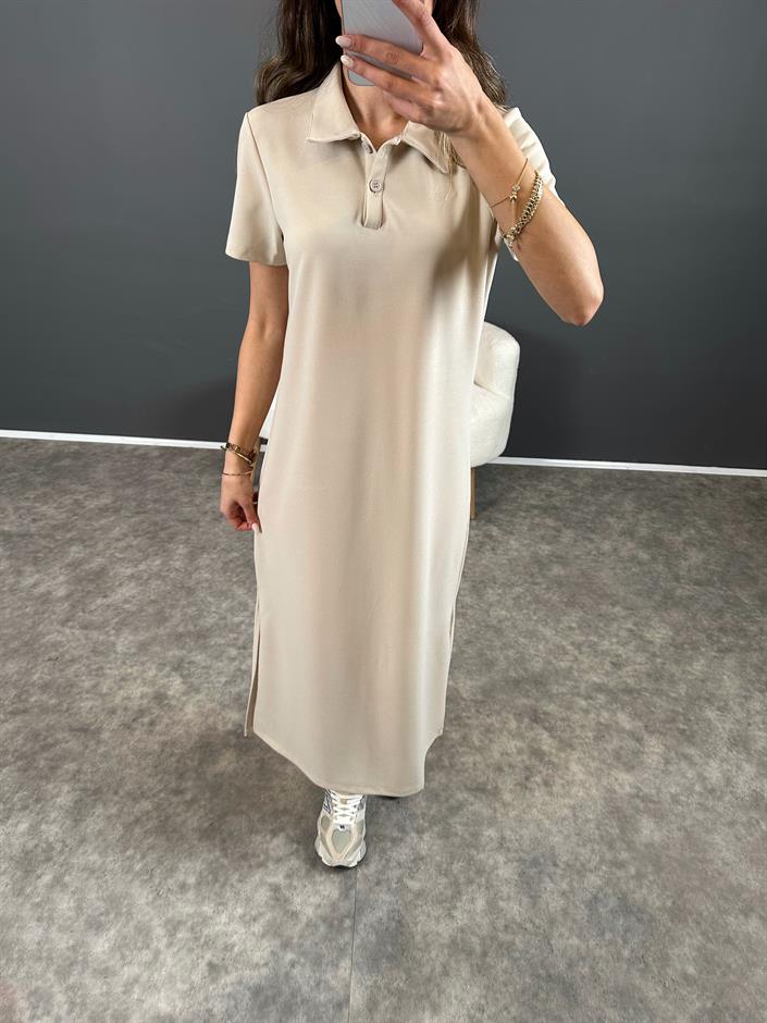 Kalio Taş Polo Yaka Yırtmaçlı Uzun Elbise 
