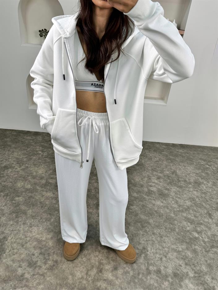 Khloe Beyaz Üç İplik Şardonlu Kapüşonlu Fermuarlı Sweatshirt