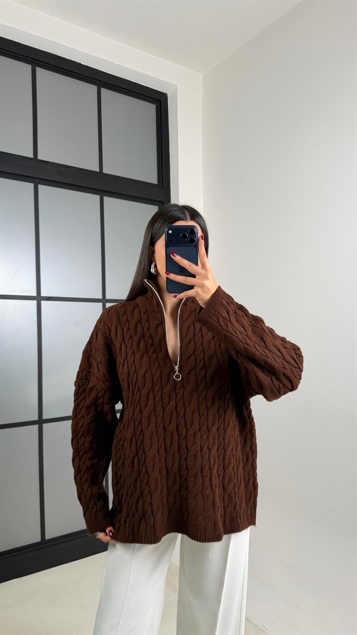 Kahve Fermuarlı Örgü Kazak GAUS-00213