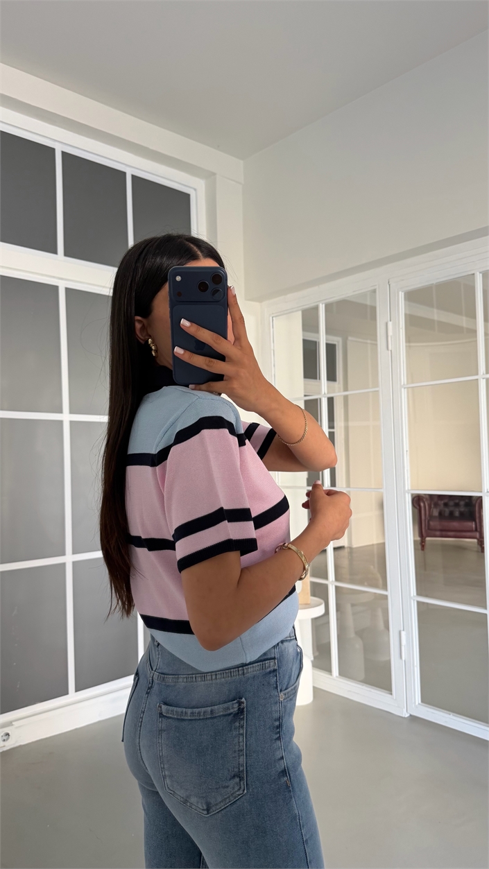 Pembe Polo Yaka Bloklu Triko Kazak GAUS-02025