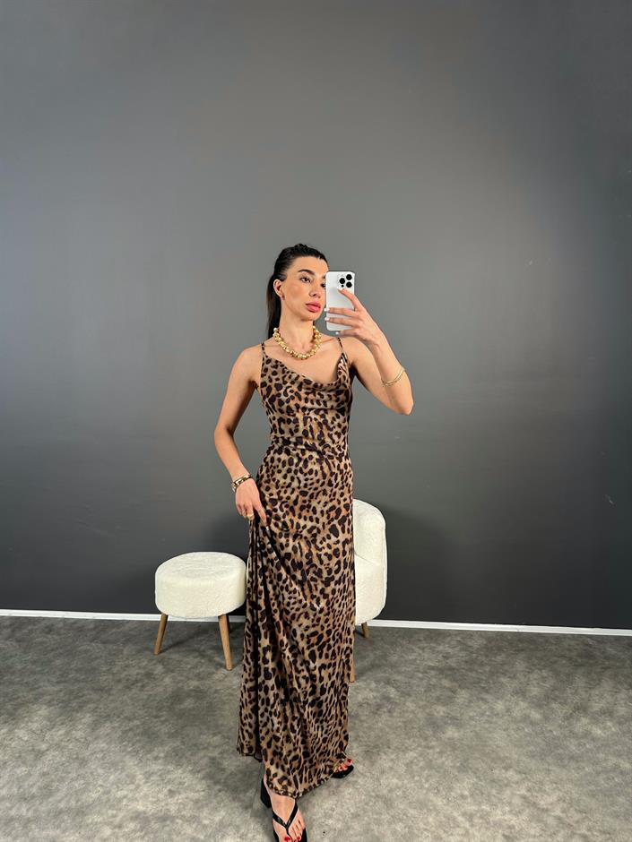 Pinterest Leoparlı Astarlı Askılı Uzun Elbise 