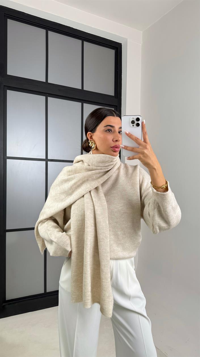 Ekru Şal Detaylı Triko Kazak GAUS-00524