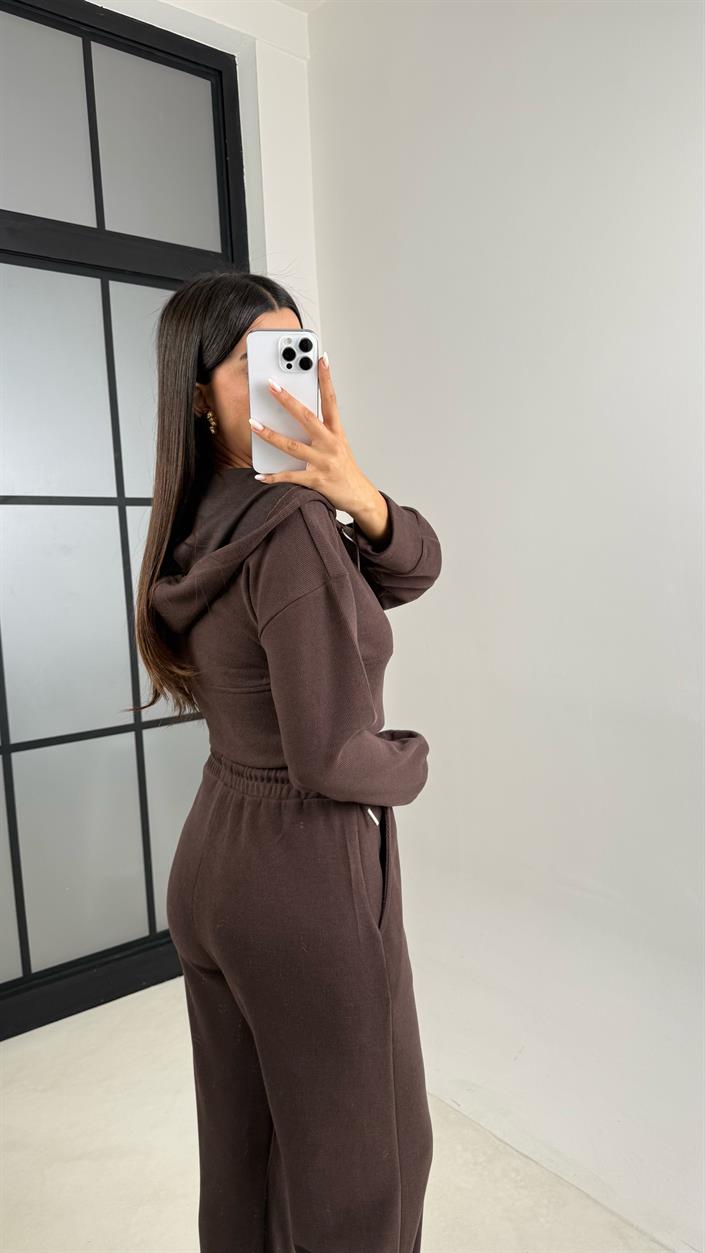 Acı Kahve Hırka Beli Lastikli Pantolon İkili Selanik Kumaş Takım GAUS-00523