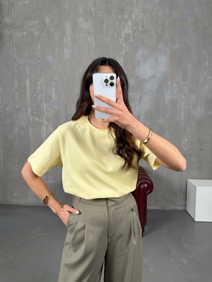 Nivon Sarı Pamuklu Bisiklet Yaka Basic Tshirt