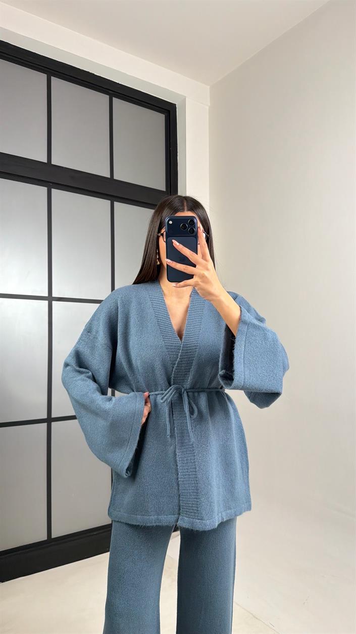 Mavi Kuşaklı Hırka Beli Lastikli Pantolon Triko Takım GAUS-00848