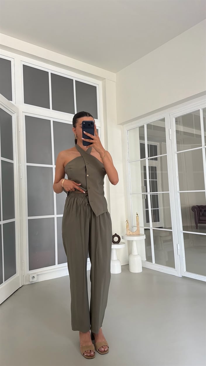 Haki Halter Yaka Yelek Beli Lastikli Pantolon Muadil Takım GAUS-01770