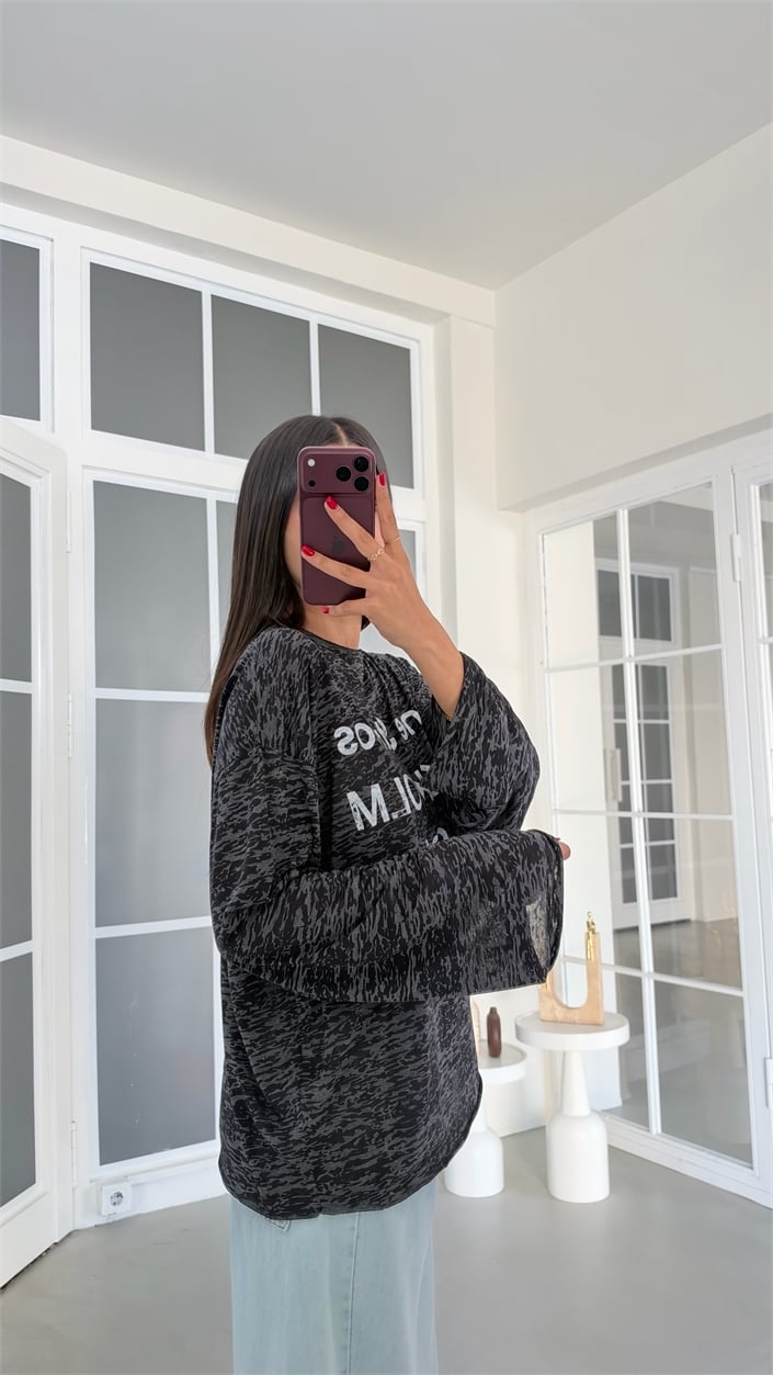 Siyah Yazı Baskılı Oversize Tshirt GAUS-02243