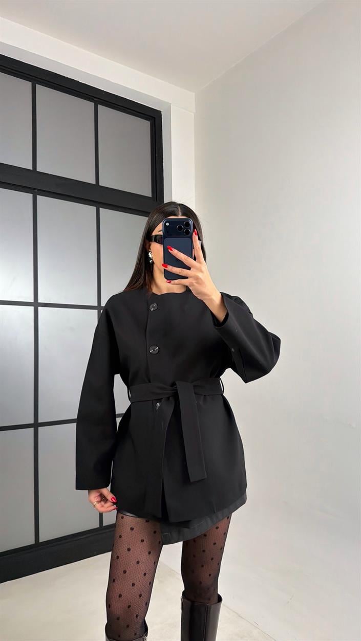Siyah Astarlı Kemerli Muadil Ceket GAUS-00990
