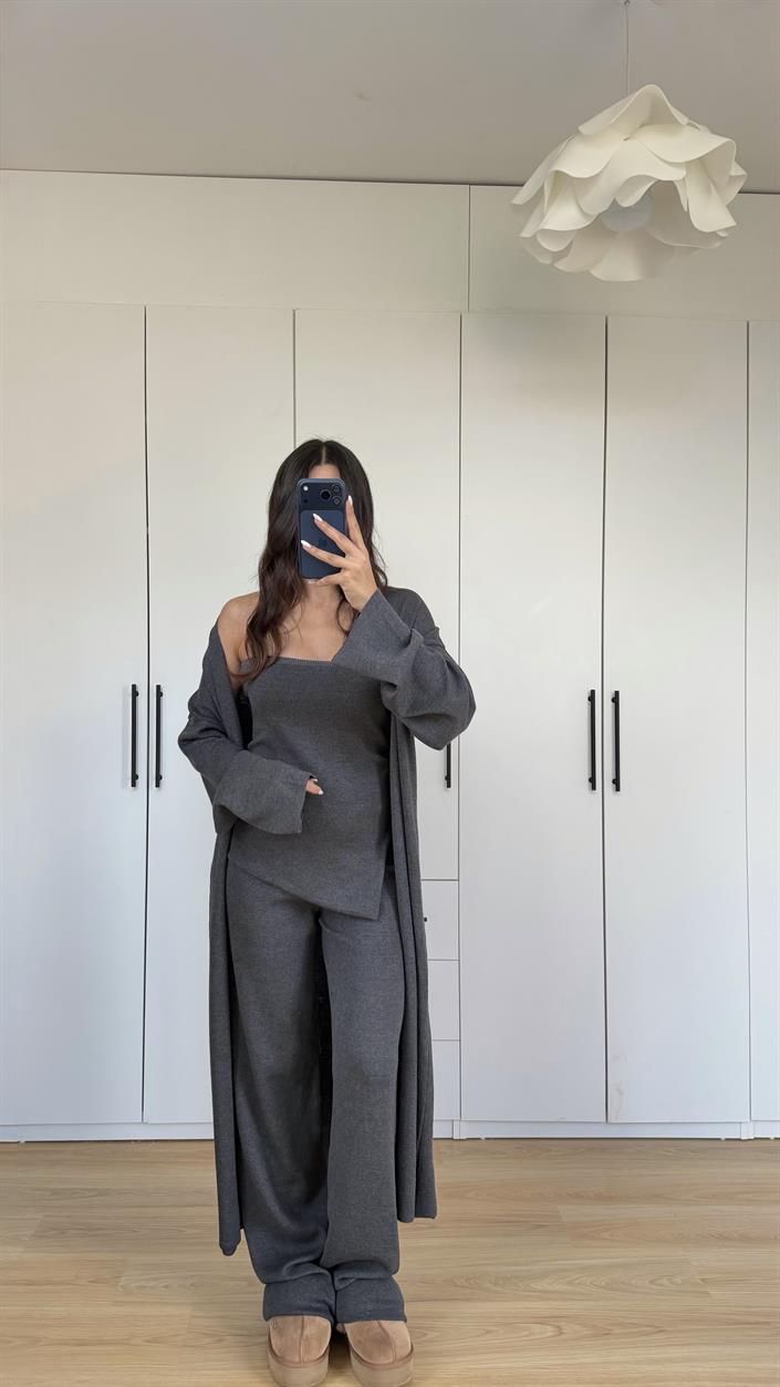 Antrasit Asimetrik Crop Hırka Beli Lastikli Pantolon 3lü Triko Takım GAUS-00588