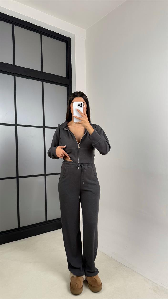 Antrasit Hırka Beli Lastikli Pantolon İkili Selanik Kumaş Takım GAUS-00523
