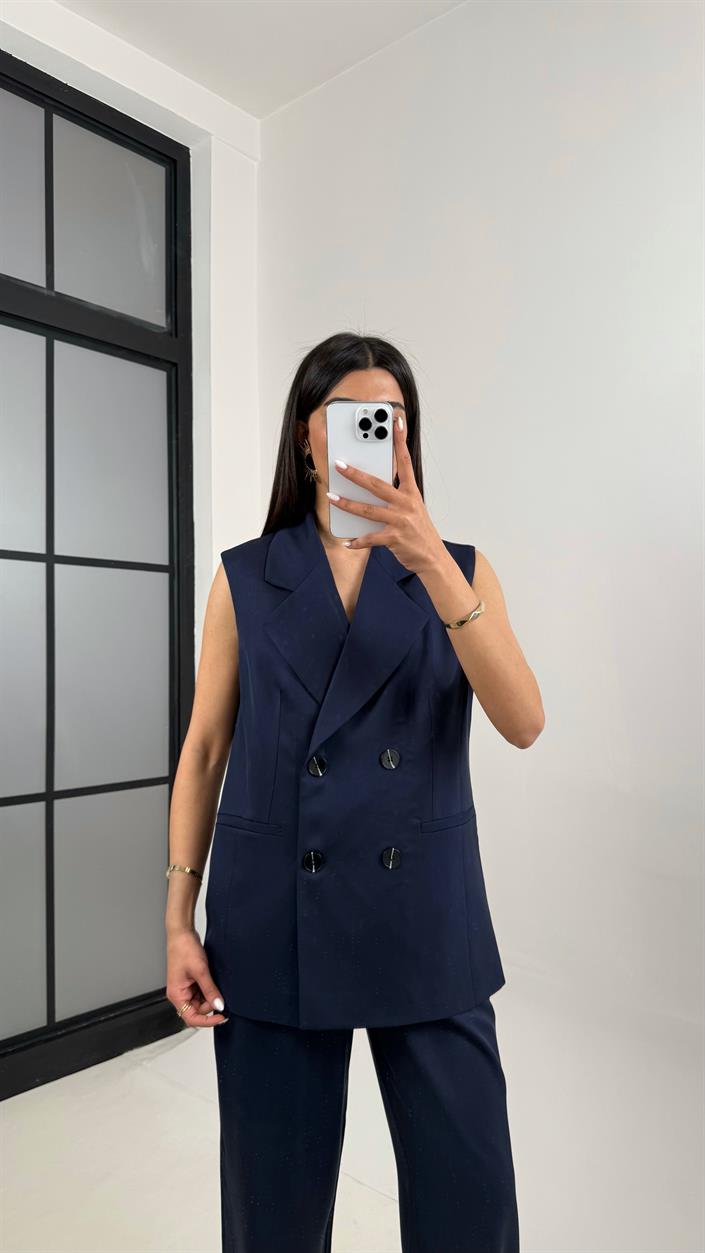 Lacivert Önü Düğmeli Astarlı Yelek Beli Lastikli Pantolon Tencel Premium Takım Gaus00366