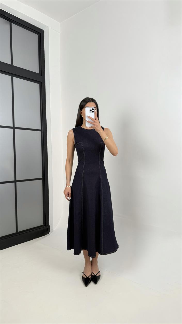Lacivert Sıfır Kol Likralı Denim Elbise DNM01 Gaus00376