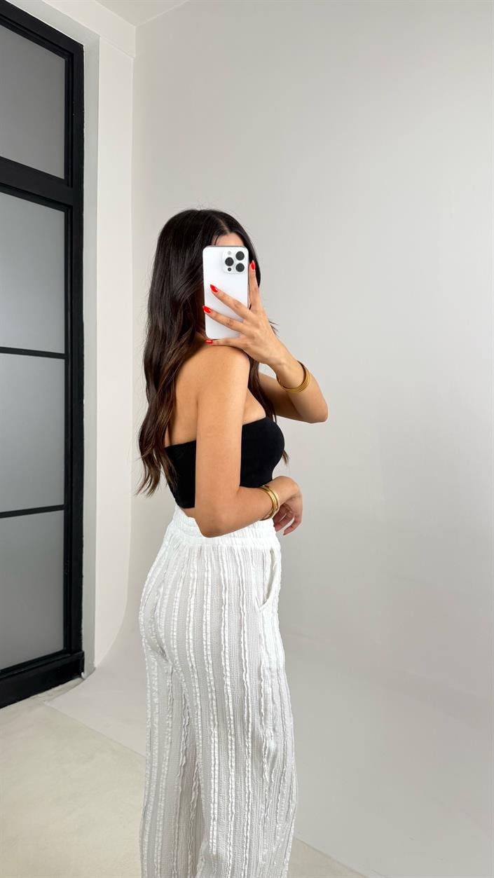 Beyaz Beli Lastikli Krinkıl Kumaş Tasarım Pantolon GAUS-0031