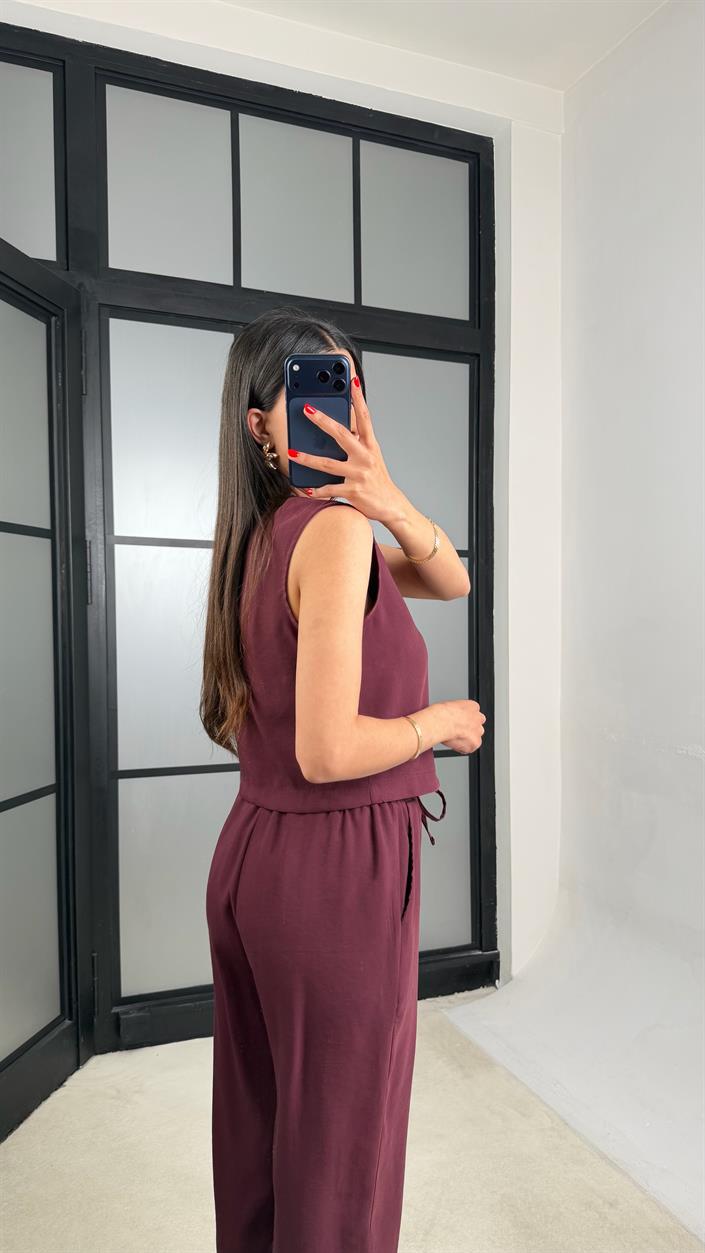 Mürdüm Yelek Beli Lastikli Pantolon Premium Takım GAUS-01538