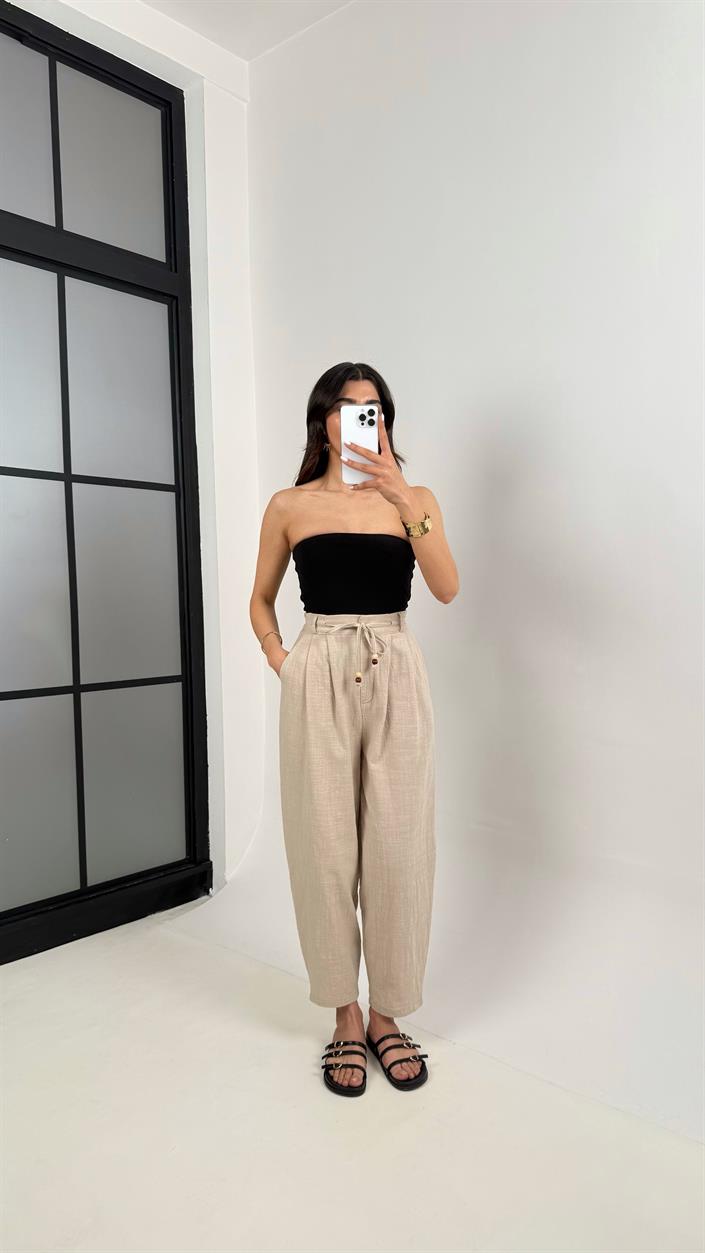 Taş Cepli Kuşaklı Balon Keten Pantolon Gaus00383