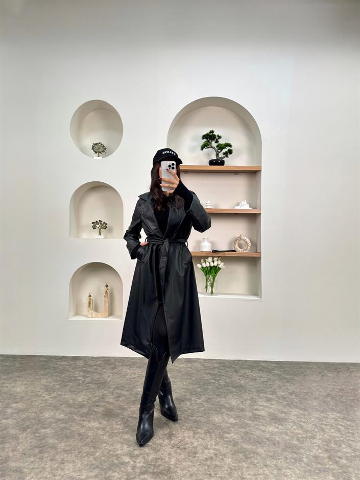 Hailey Siyah Premium Deri Trençkot