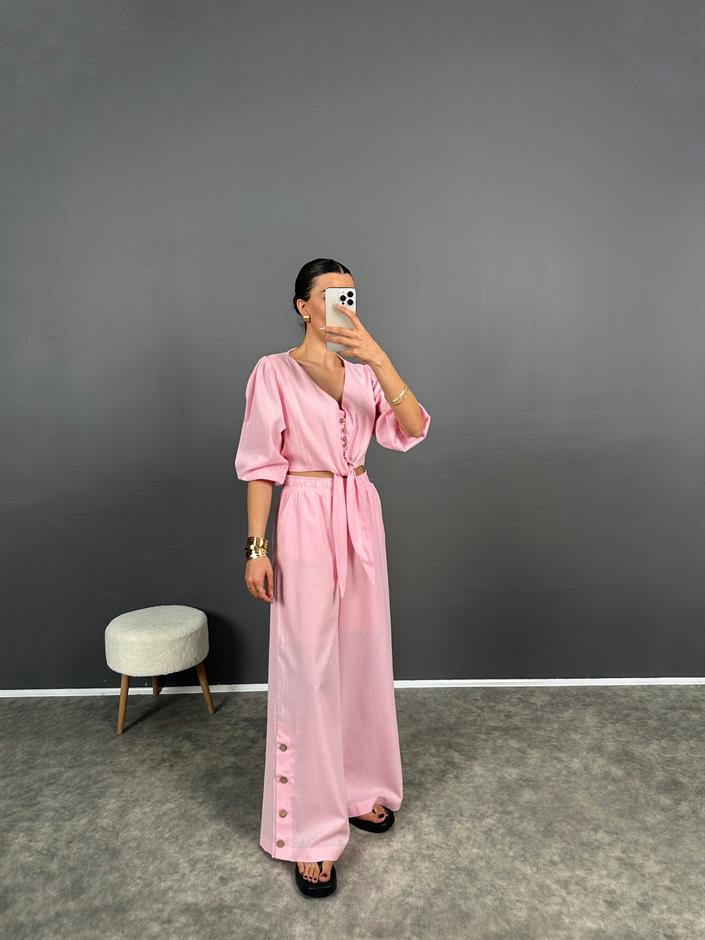 Maila Pembe Keten Crop İkili Takım