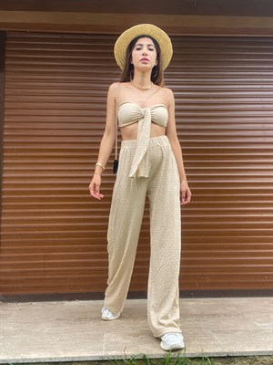 Abella Bej Crop Pantolon Takım 