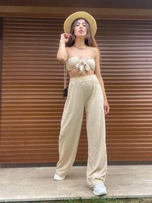 Abella Bej Crop Pantolon Takım 