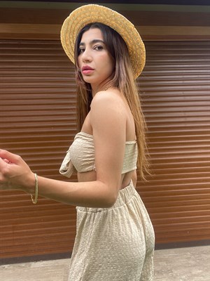 Abella Bej Crop Pantolon Takım 