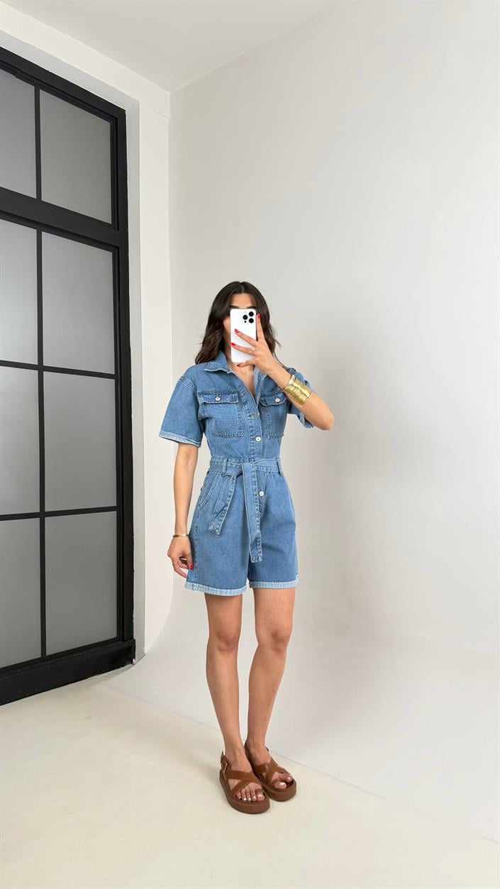 Mavi Kısa Kol Önü Düğmeli Kemerli  Denim Tulum Gaus00465