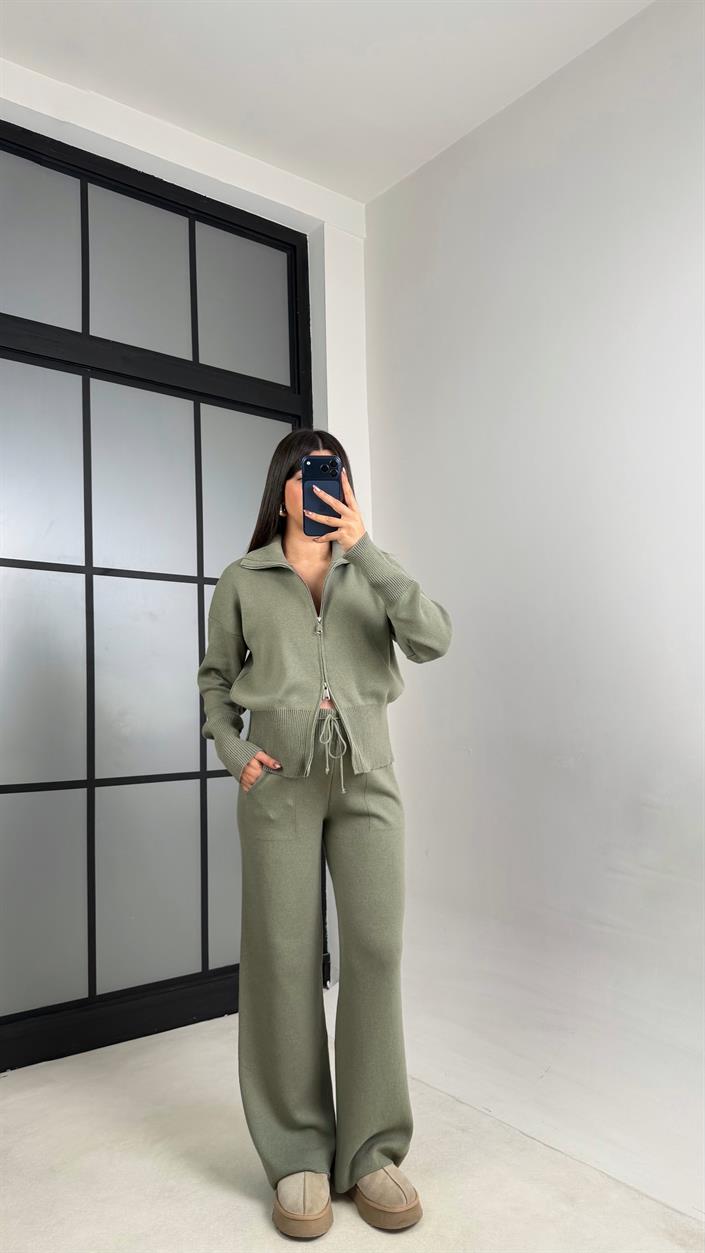 Yeşil Çift Fermuarlı Hırka Beli Lastikli Pantolon Triko Takım GAUS-01090