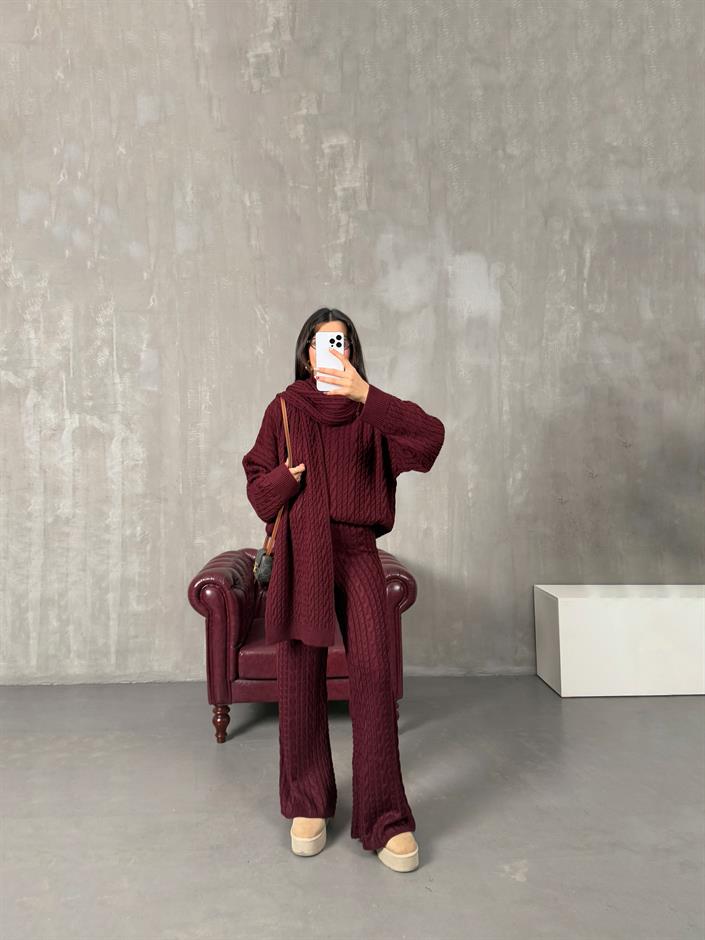 Jeday Bordo Atkı Detaylı Balıkçı Yaka Örme Triko Takım