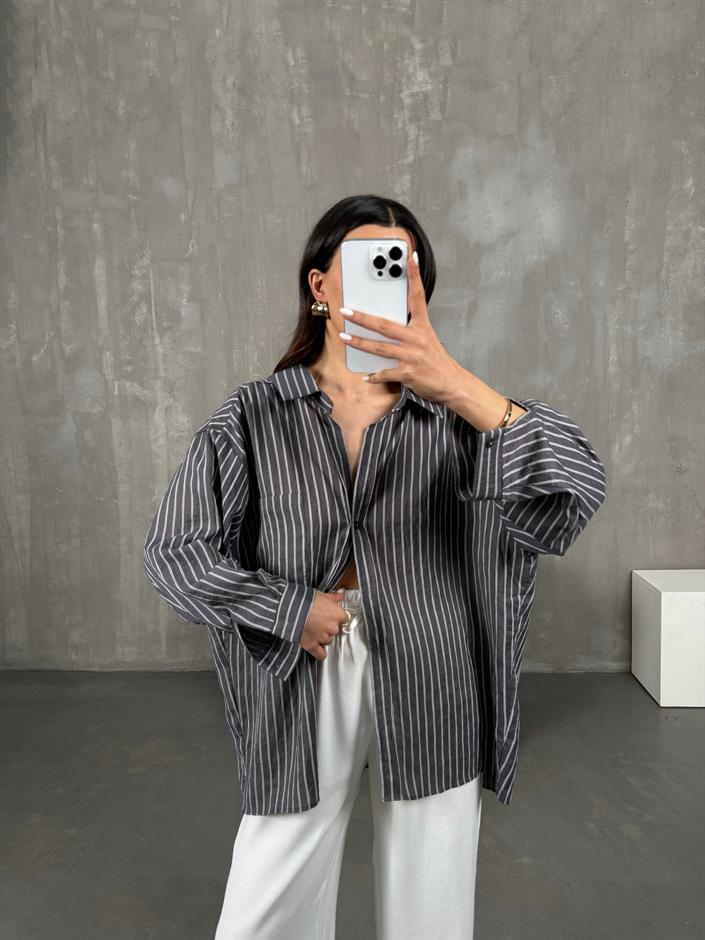 Antrasit Çizgili Oversize Gömlek Gaus0004