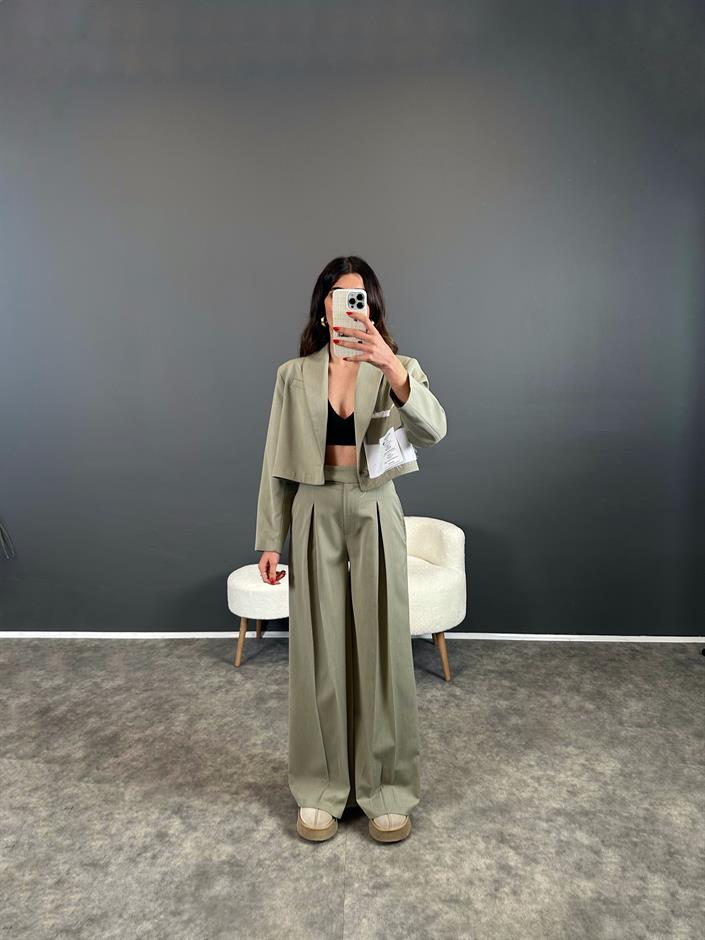 Ketrina Soft Haki Tasarım Blazer Ceket İkili Takım