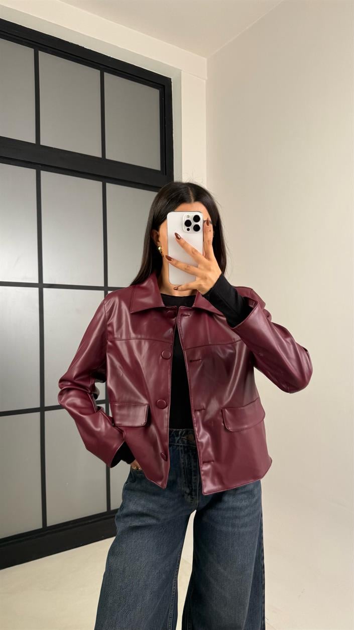 Bordo Astarlı Cep Detaylı Deri Ceket GAUS-00339