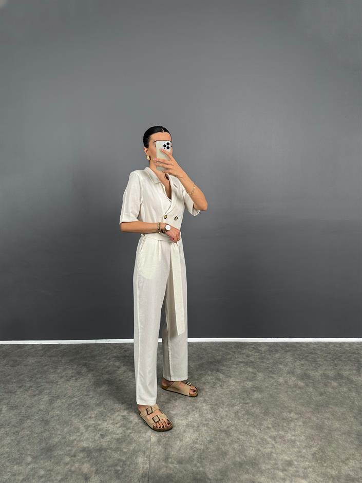 Kiw Krem Keten Vatkalı Kruvaze Kapama Düğmeli Tulum