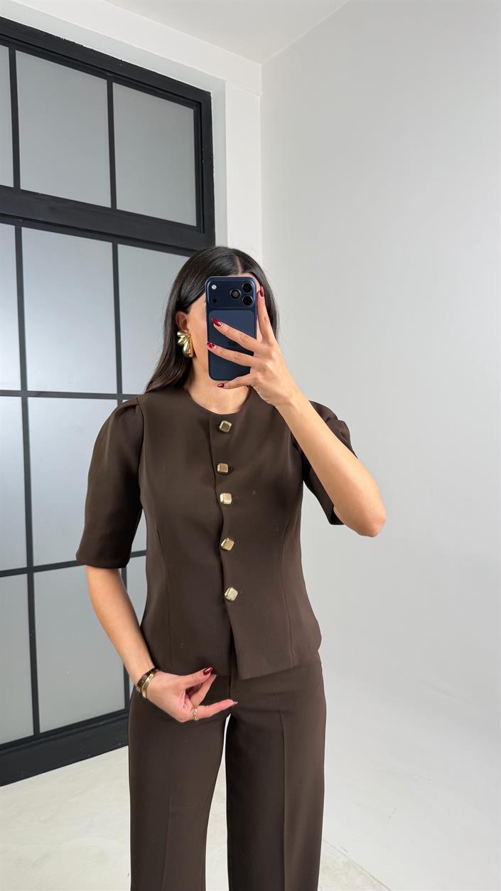 Acı Kahve Gold Düğmeli Balon Kol Ceket Beli Lastikli Pantolon Kumaş Takım GAUS-00748