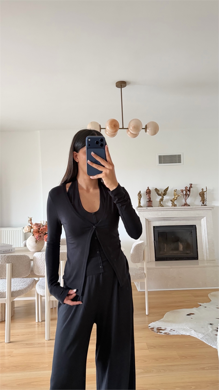 Siyah ZR Model Atlet Detaylı Hırka Pantolon İkli Takım GAUS-02100