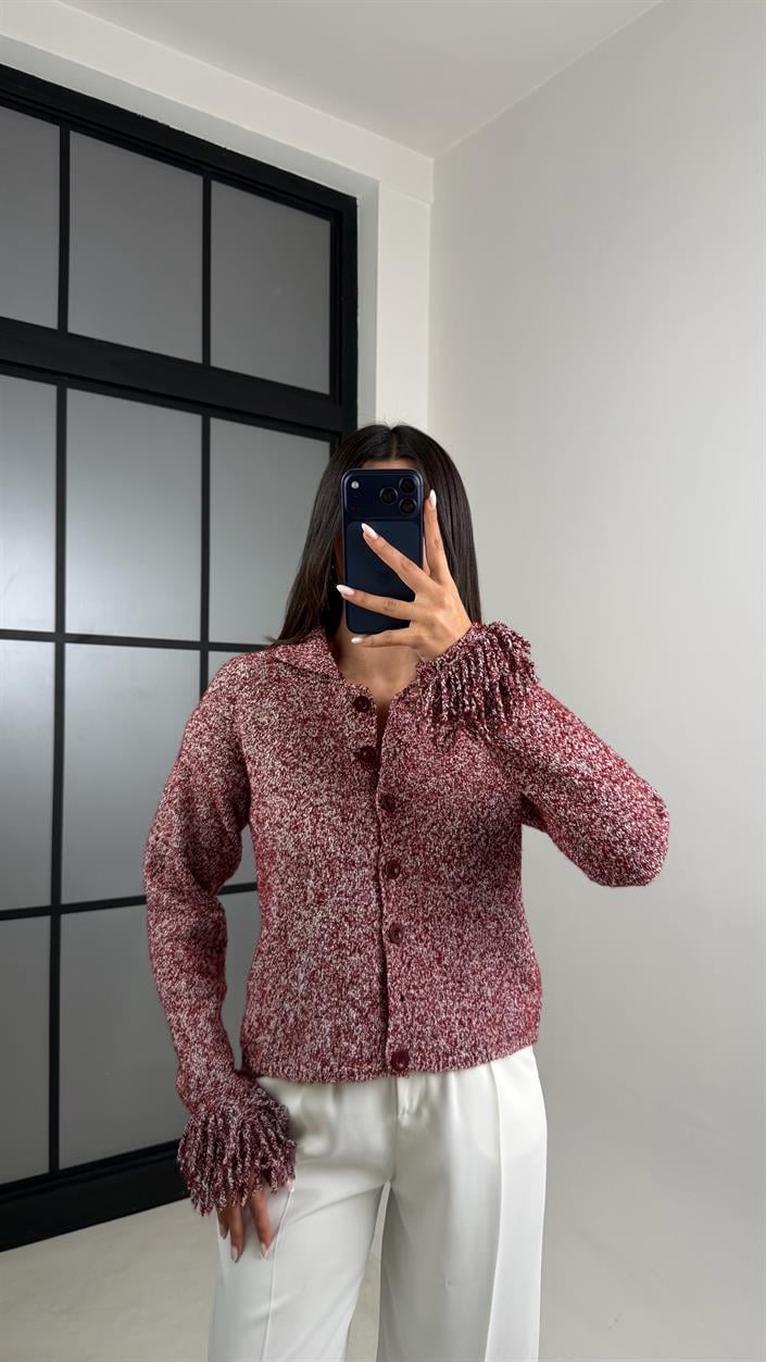 Bordo Kolu Püskül Detaylı Triko Hırka GAUS-00498