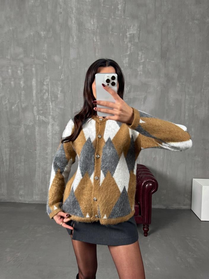 Tatya Camel MD Baklava Desenli Hırka