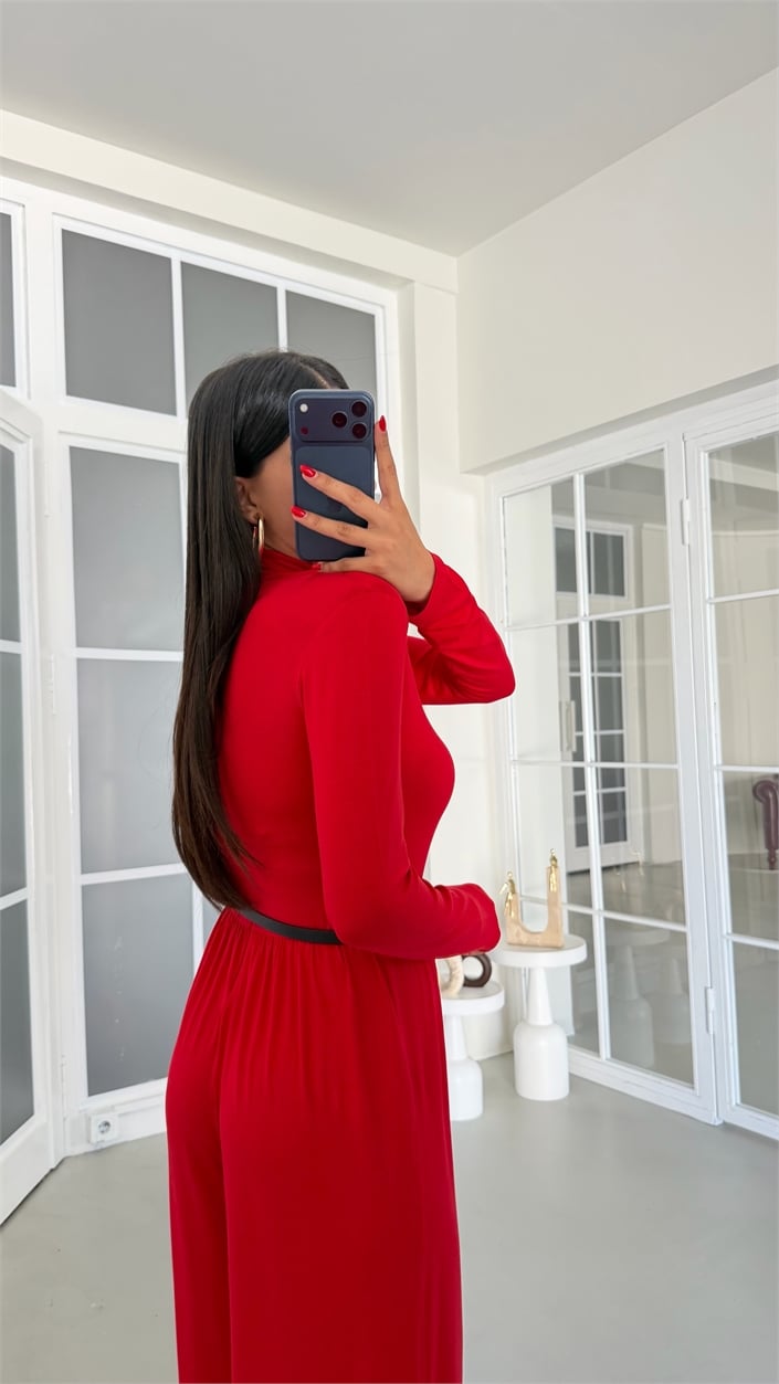 Kırmızı Vatkalı Kemerli Modal Basic Tulum GAUS-01899